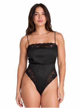 70s European Vintage Silky Lace Trim Teddy Lingerie Bodysuit (Black) Size S/M